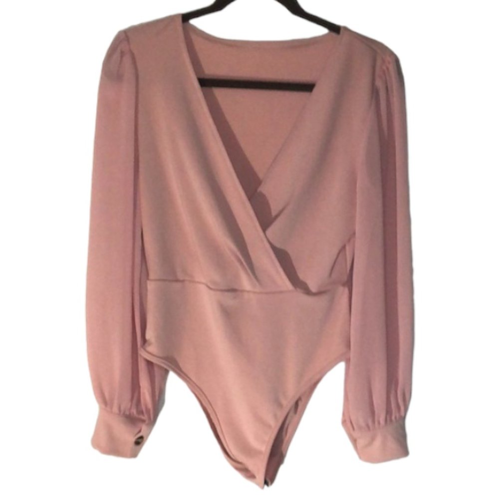 Shein Rose Pink Draped V-Neck Sheer Sleeve Bodysuit - Size M